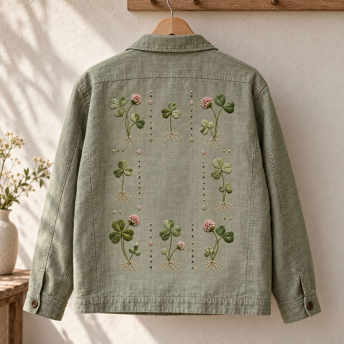 Green linen shirt mockup featuring the Clover Grid hand embroidery design. Clover Grid is an embroidery pattern of eight separate plants, complete with pink flower heads, trifoliate leaves and fine roots.