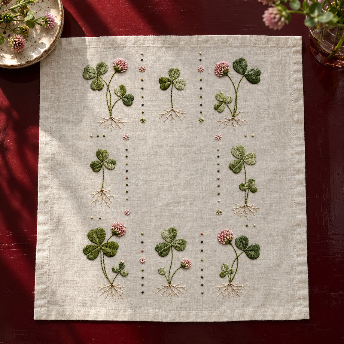 Linen sampler laid flat mockup featuring the Clover Grid hand embroidery design. Clover Grid is an embroidery pattern of eight separate plants, complete with pink flower heads, trifoliate leaves and fine roots.