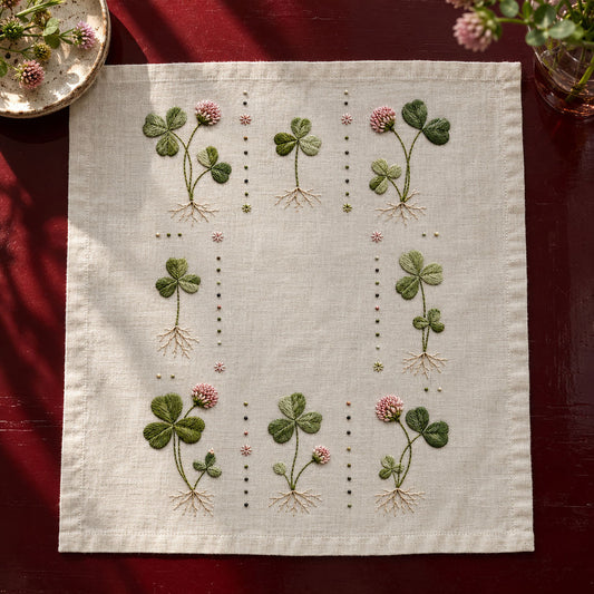 Linen sampler laid flat mockup featuring the Clover Grid hand embroidery design. Clover Grid is an embroidery pattern of eight separate plants, complete with pink flower heads, trifoliate leaves and fine roots.