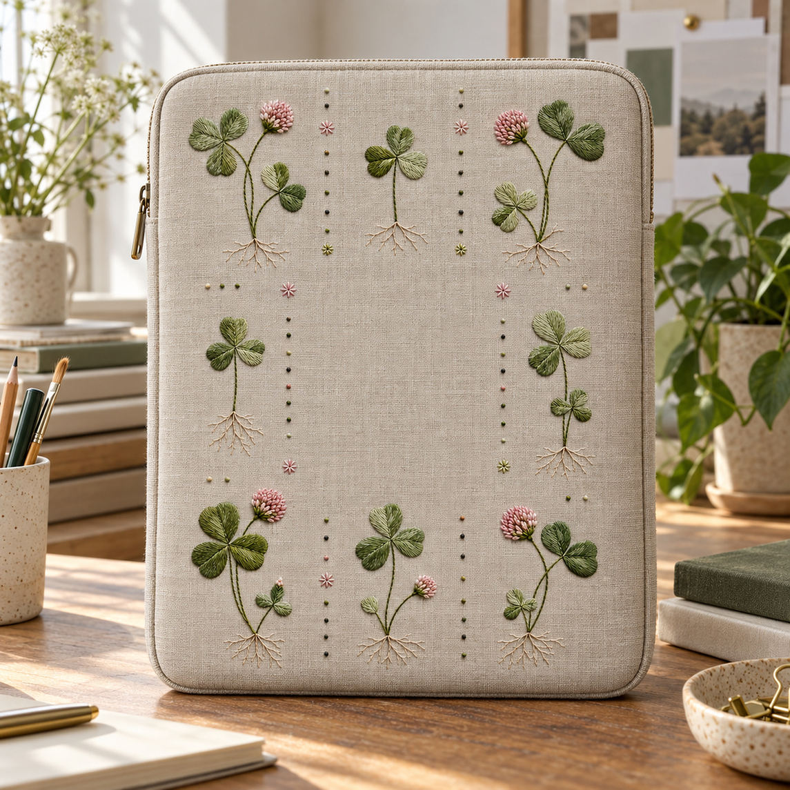 Linen sampler by a window mockup featuring the Clover Grid hand embroidery design. Clover Grid is an embroidery pattern of eight separate plants, complete with pink flower heads, trifoliate leaves and fine roots.