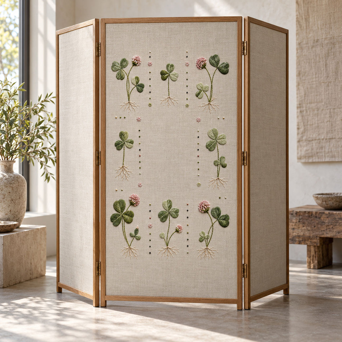 Framed clover sampler mockup featuring the Clover Grid hand embroidery design. Clover Grid is an embroidery pattern of eight separate plants, complete with pink flower heads, trifoliate leaves and fine roots.