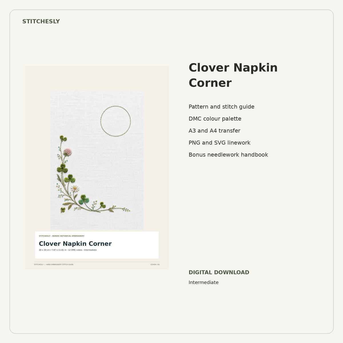 Clover Napkin Corner PDF stitch guide cover, pattern files and bonus needlework handbook.