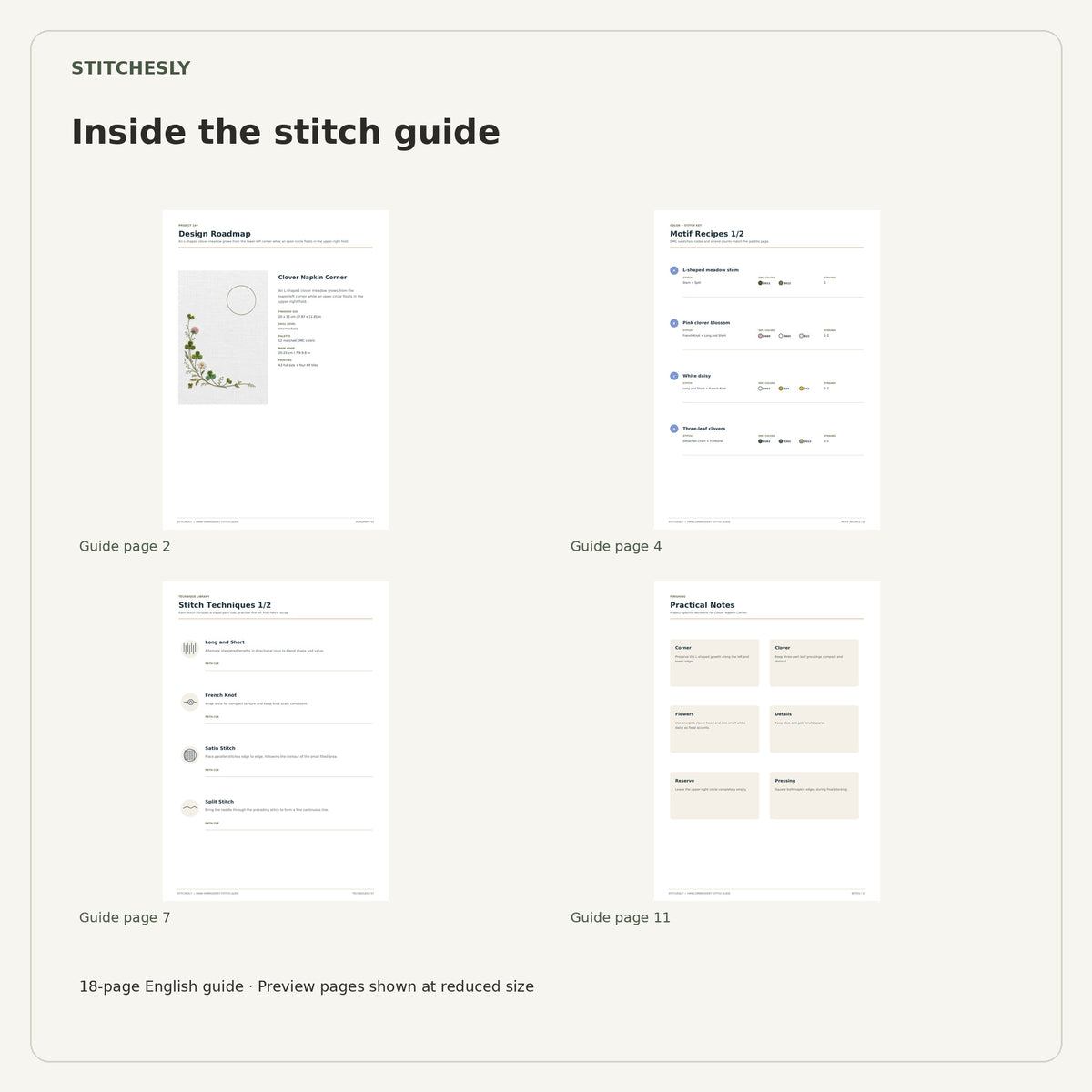 Four reduced-size preview pages from the 18-page Clover Napkin Corner stitch guide.