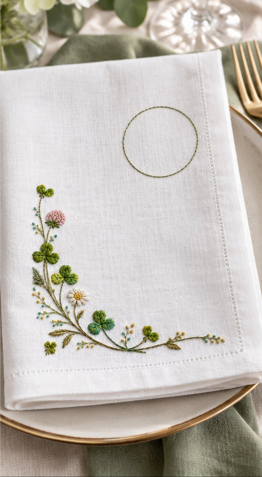Linen napkin on a table mockup featuring the Clover Napkin Corner hand embroidery design. Clover grows along an L-shaped lower-left corner, with an unfilled circle in the upper-right field.