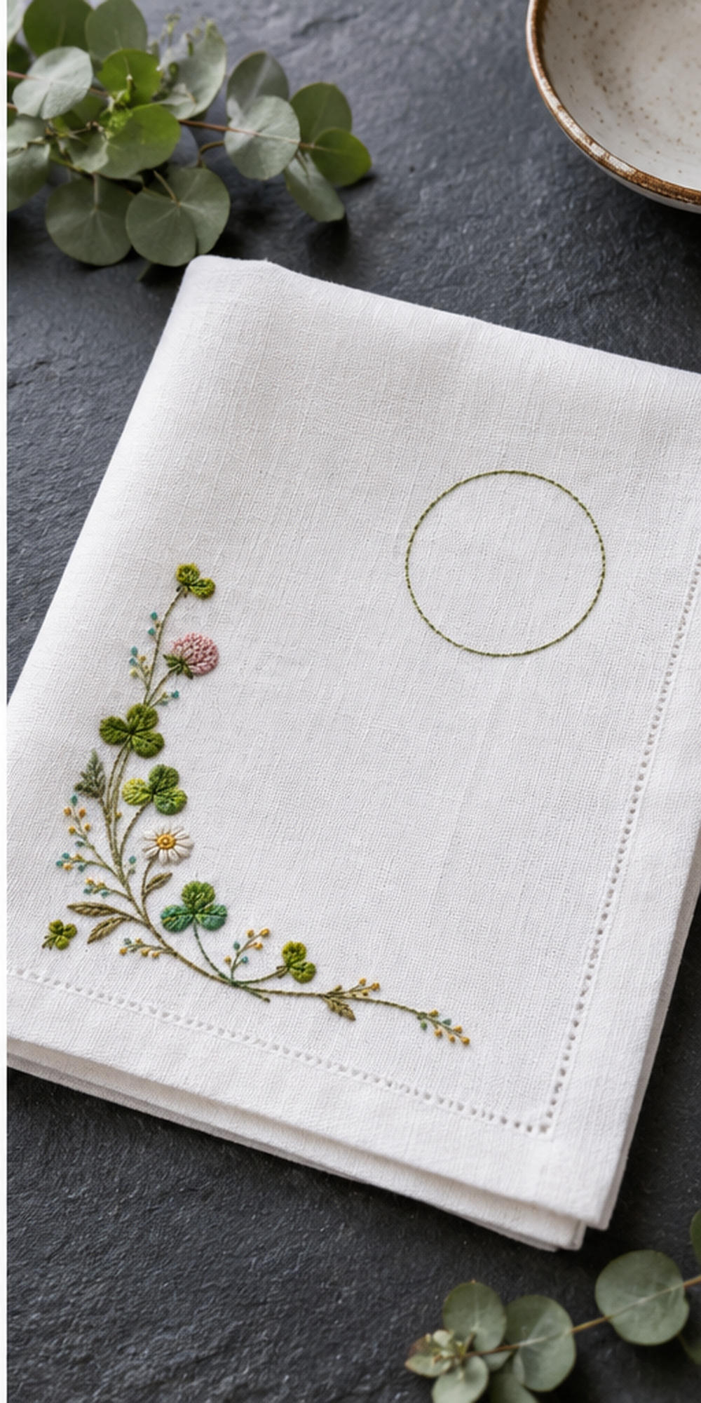 Linen napkin laid flat mockup featuring the Clover Napkin Corner hand embroidery design. Clover grows along an L-shaped lower-left corner, with an unfilled circle in the upper-right field.