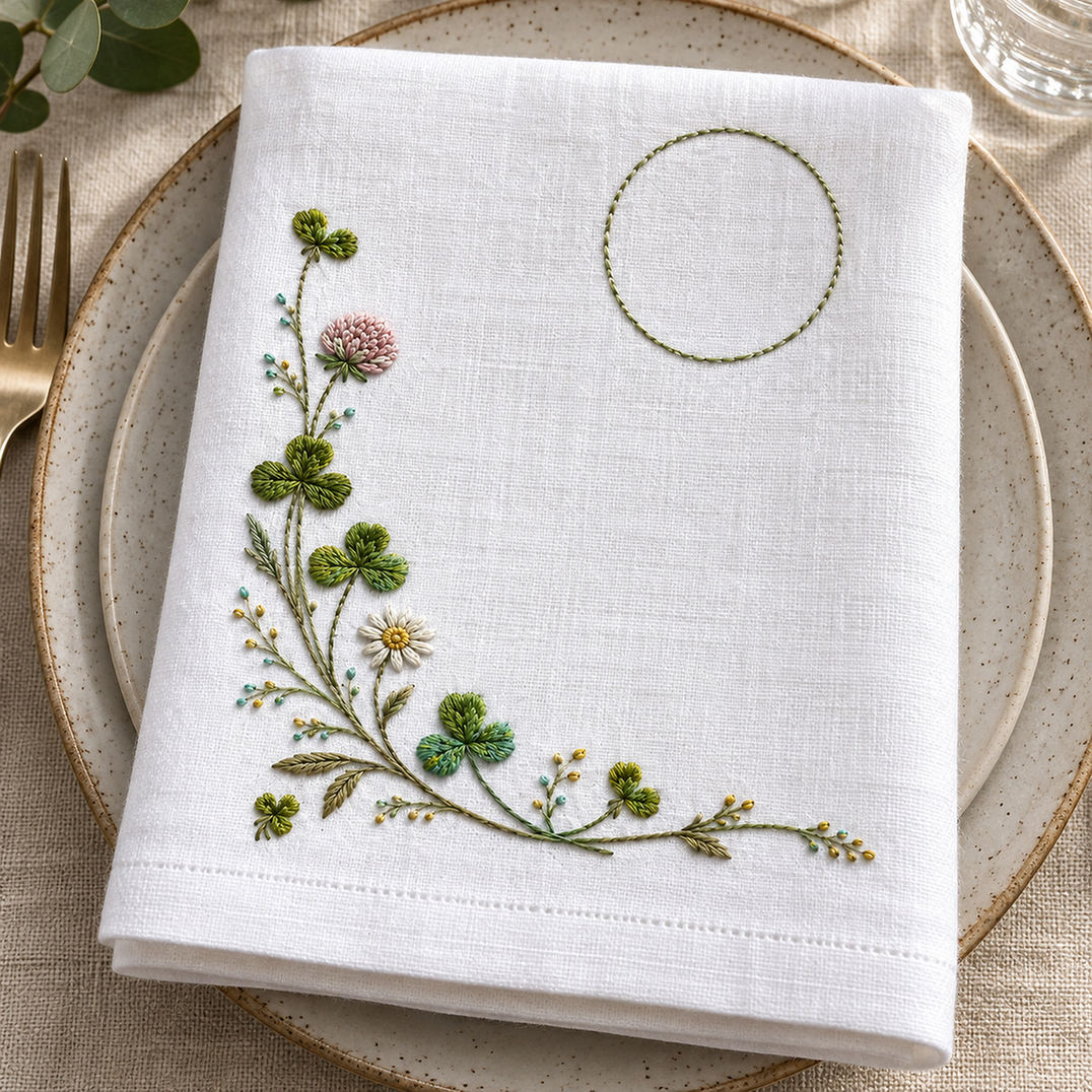 Linen napkin mockup featuring the Clover Napkin Corner hand embroidery design. Clover grows along an L-shaped lower-left corner, with an unfilled circle in the upper-right field.