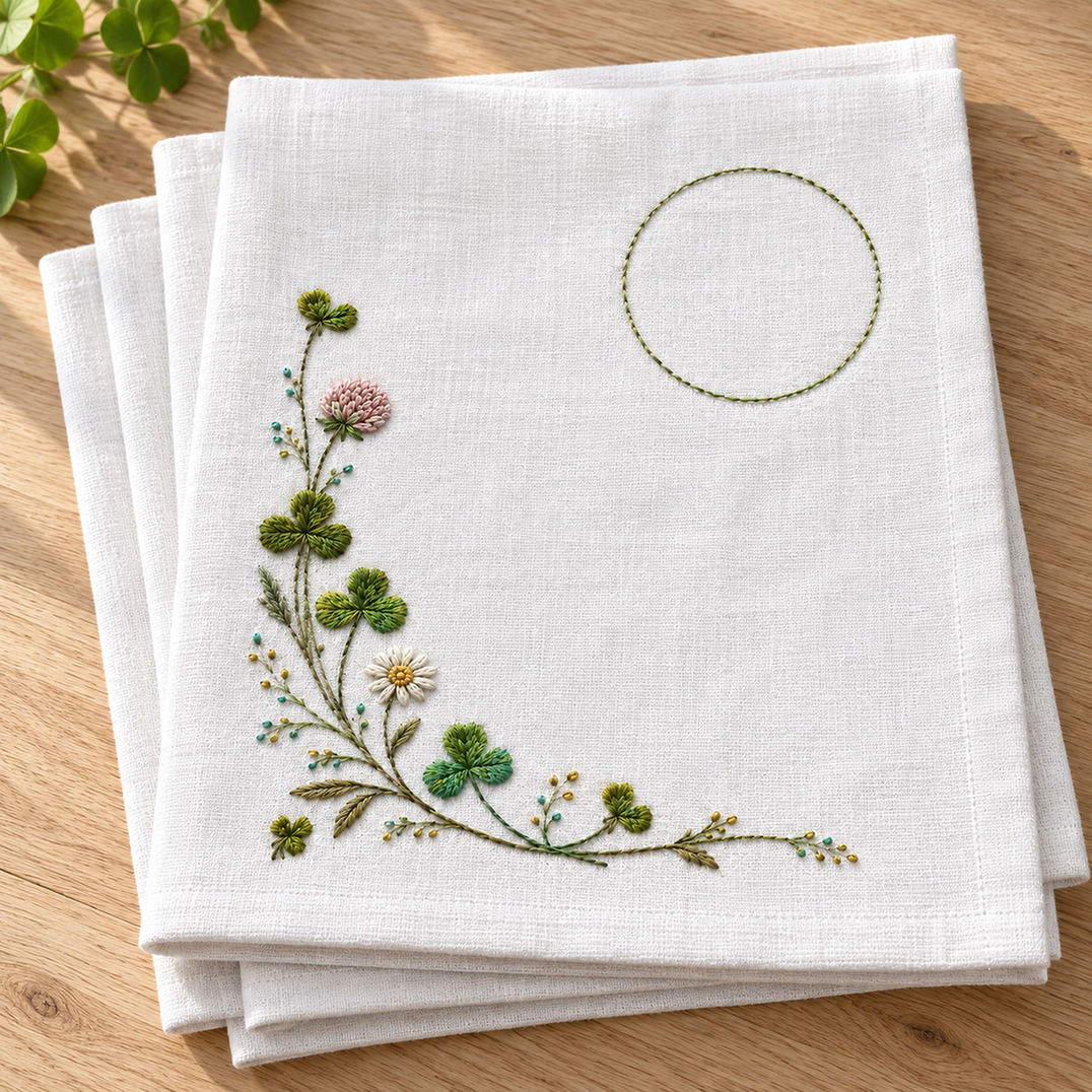 Linen napkin stack mockup featuring the Clover Napkin Corner hand embroidery design. Clover grows along an L-shaped lower-left corner, with an unfilled circle in the upper-right field.