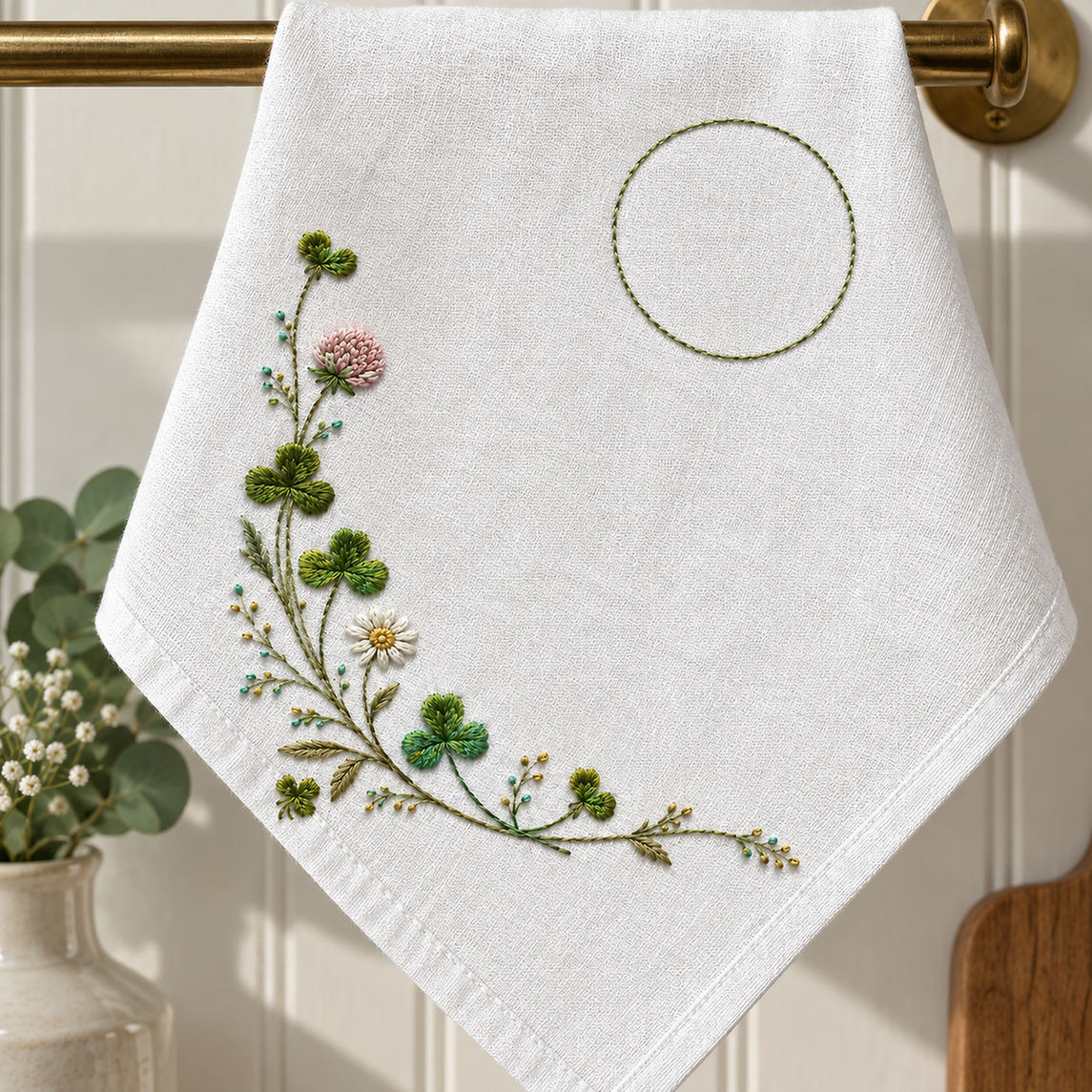 Linen napkin on a table mockup featuring the Clover Napkin Corner hand embroidery design. Clover grows along an L-shaped lower-left corner, with an unfilled circle in the upper-right field.