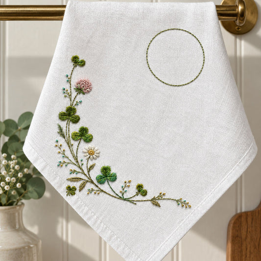 Linen napkin on a table mockup featuring the Clover Napkin Corner hand embroidery design. Clover grows along an L-shaped lower-left corner, with an unfilled circle in the upper-right field.