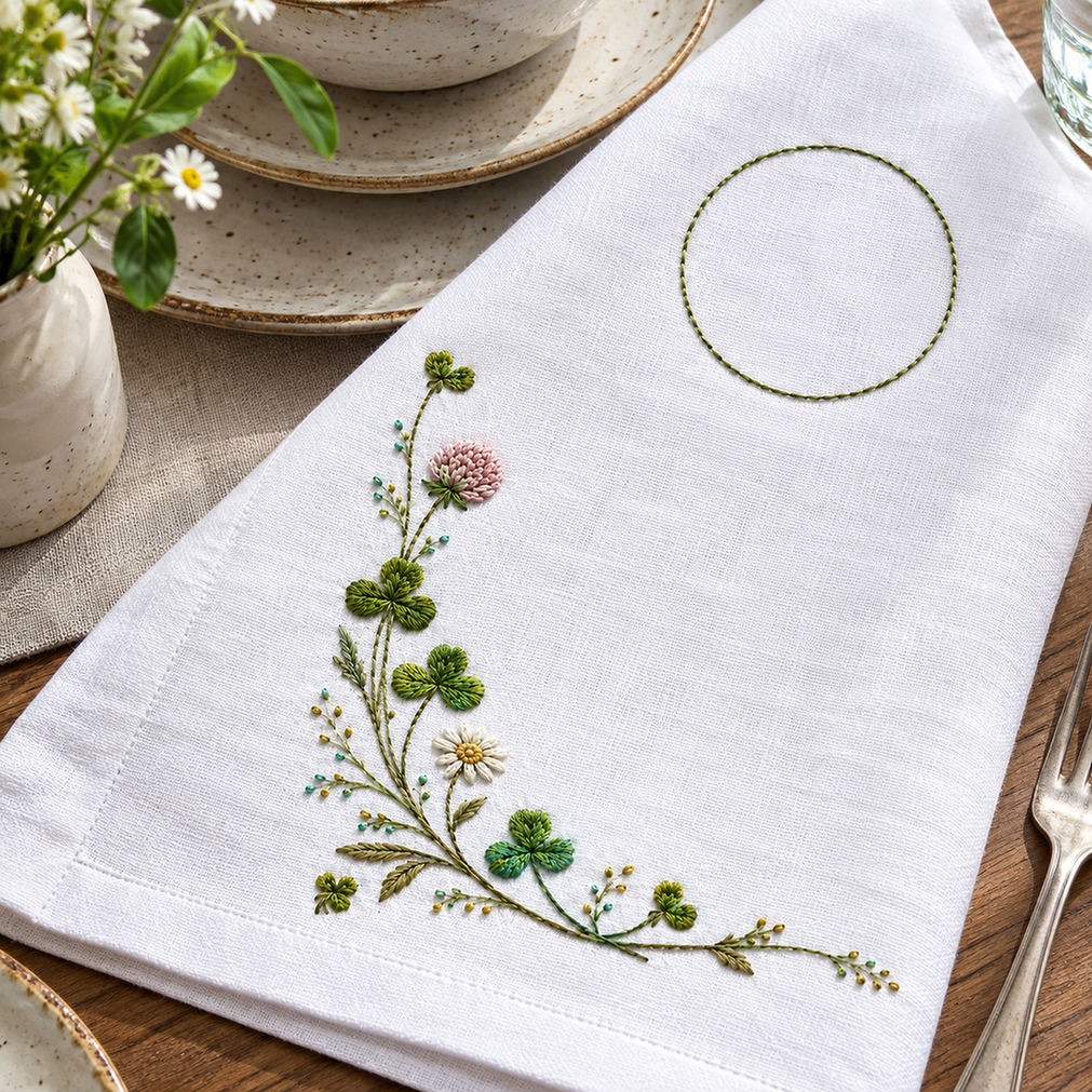 Linen napkin flat lay mockup featuring the Clover Napkin Corner hand embroidery design. Clover grows along an L-shaped lower-left corner, with an unfilled circle in the upper-right field.