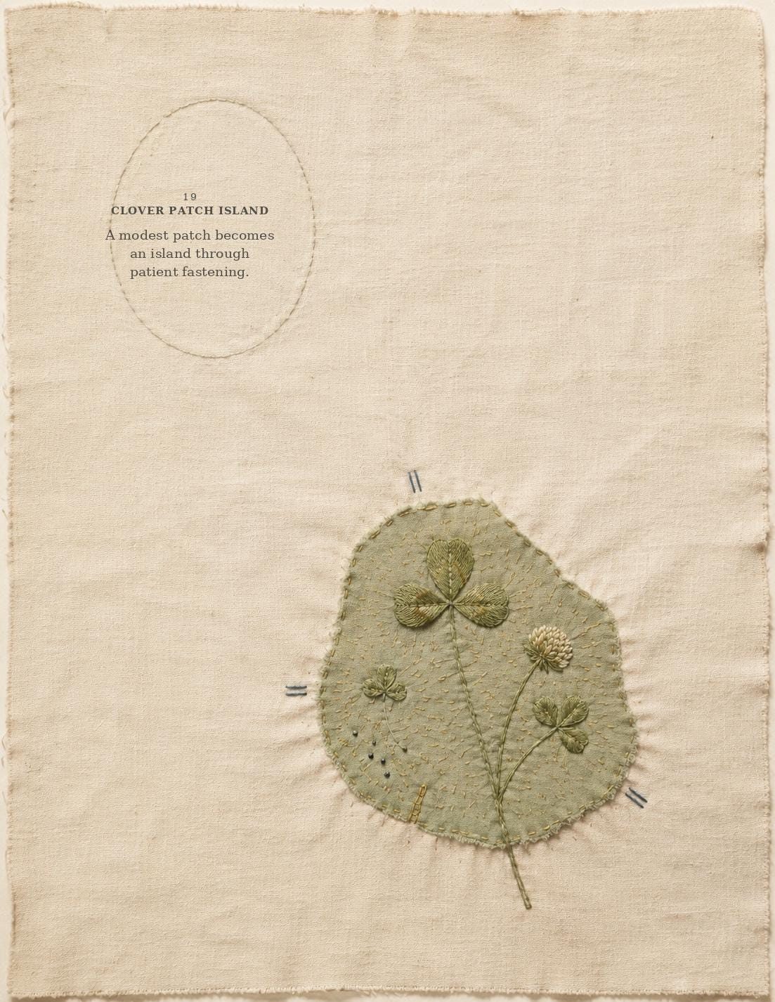 Clover Patch Island embroidered mending study on natural linen
