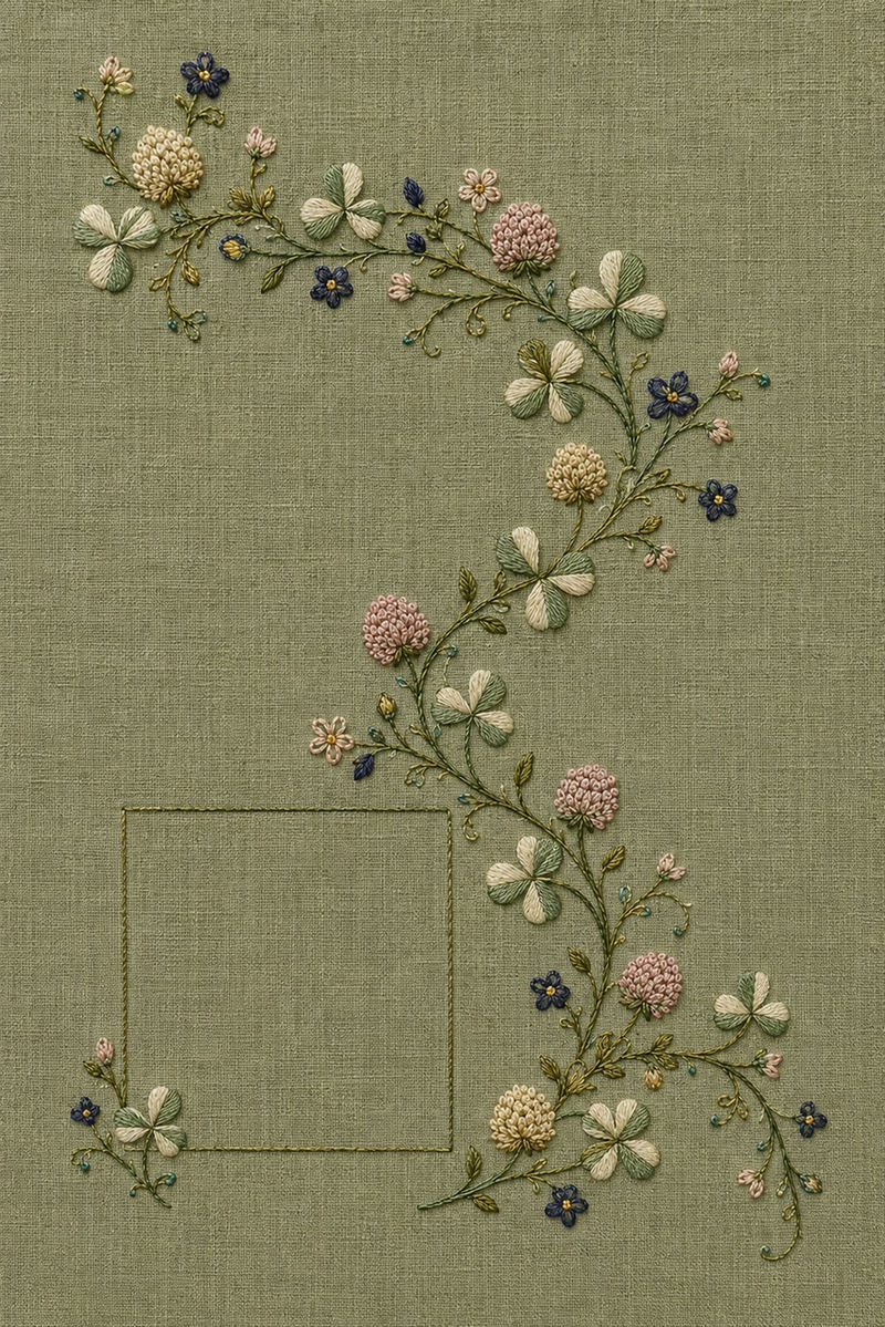 Illustrative embroidery design: Clover, field blossoms and tendrils follow an S-shaped curve around a lower-left square.