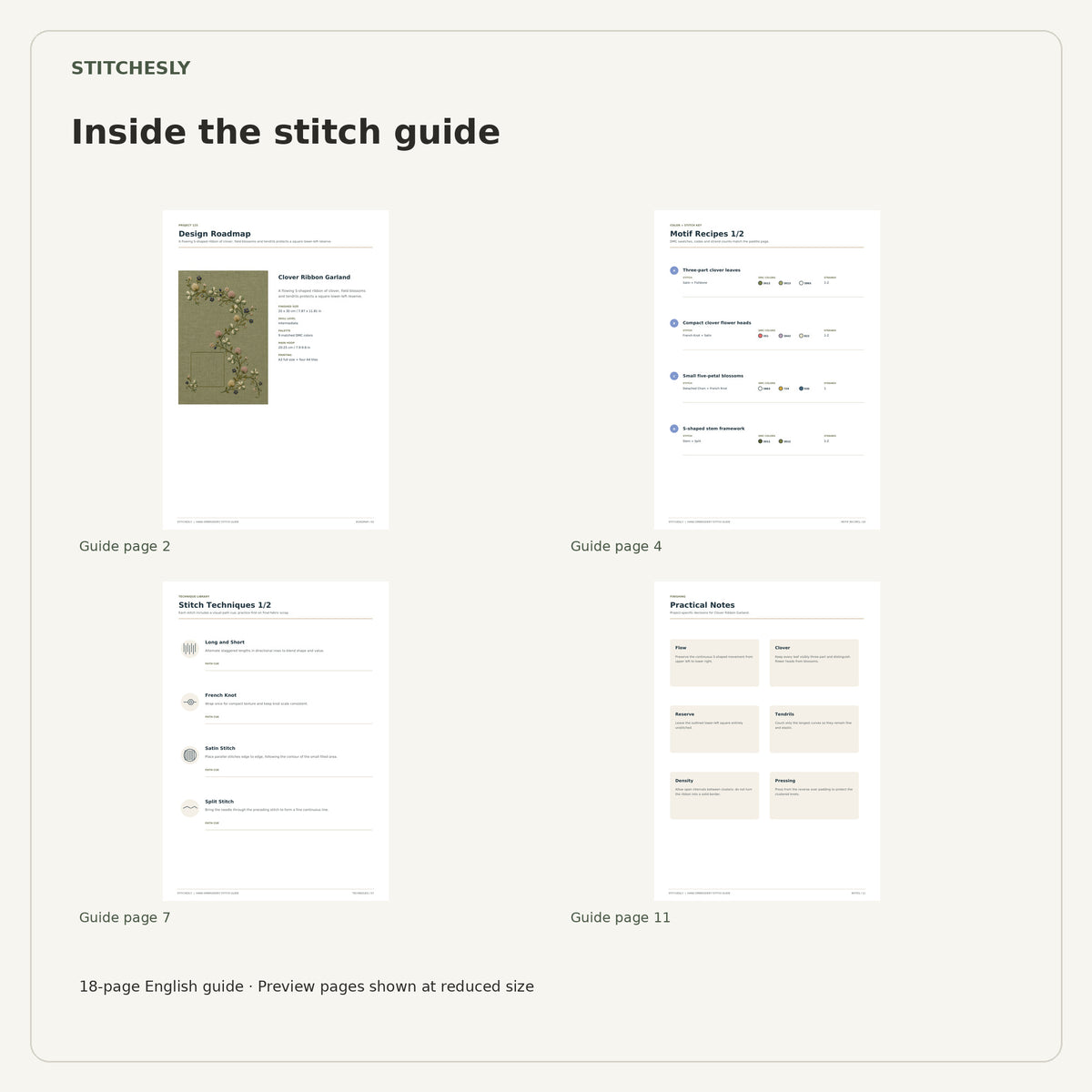 Four reduced-size preview pages from the 18-page Clover Ribbon Garland stitch guide.