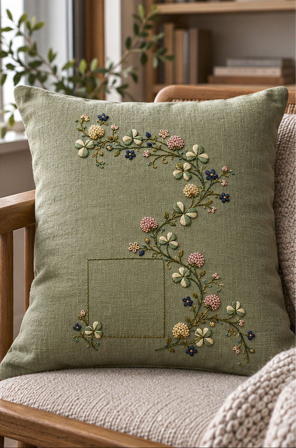 Green linen cushion mockup featuring the Clover Ribbon Garland hand embroidery design. Clover, field blossoms and tendrils follow an S-shaped curve around a lower-left square.