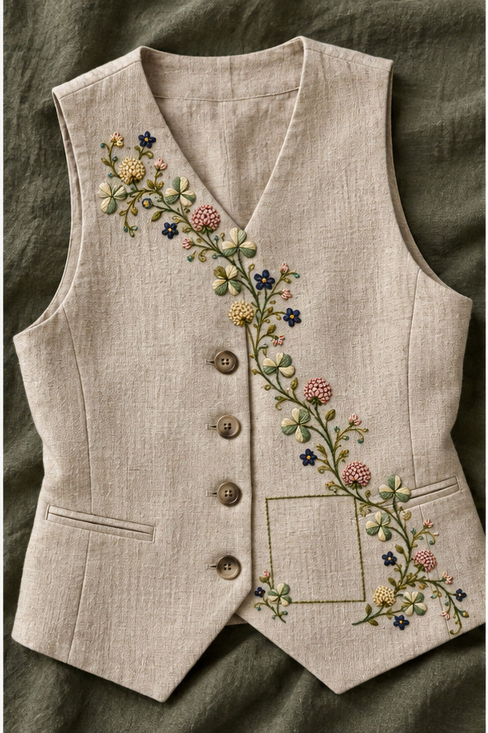 Light linen vest mockup featuring the Clover Ribbon Garland hand embroidery design. Clover, field blossoms and tendrils follow an S-shaped curve around a lower-left square.