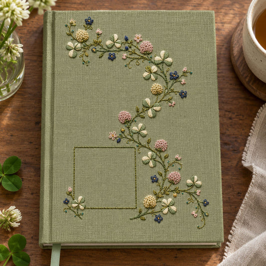 Green linen dress mockup featuring the Clover Ribbon Garland hand embroidery design. Clover, field blossoms and tendrils follow an S-shaped curve around a lower-left square.