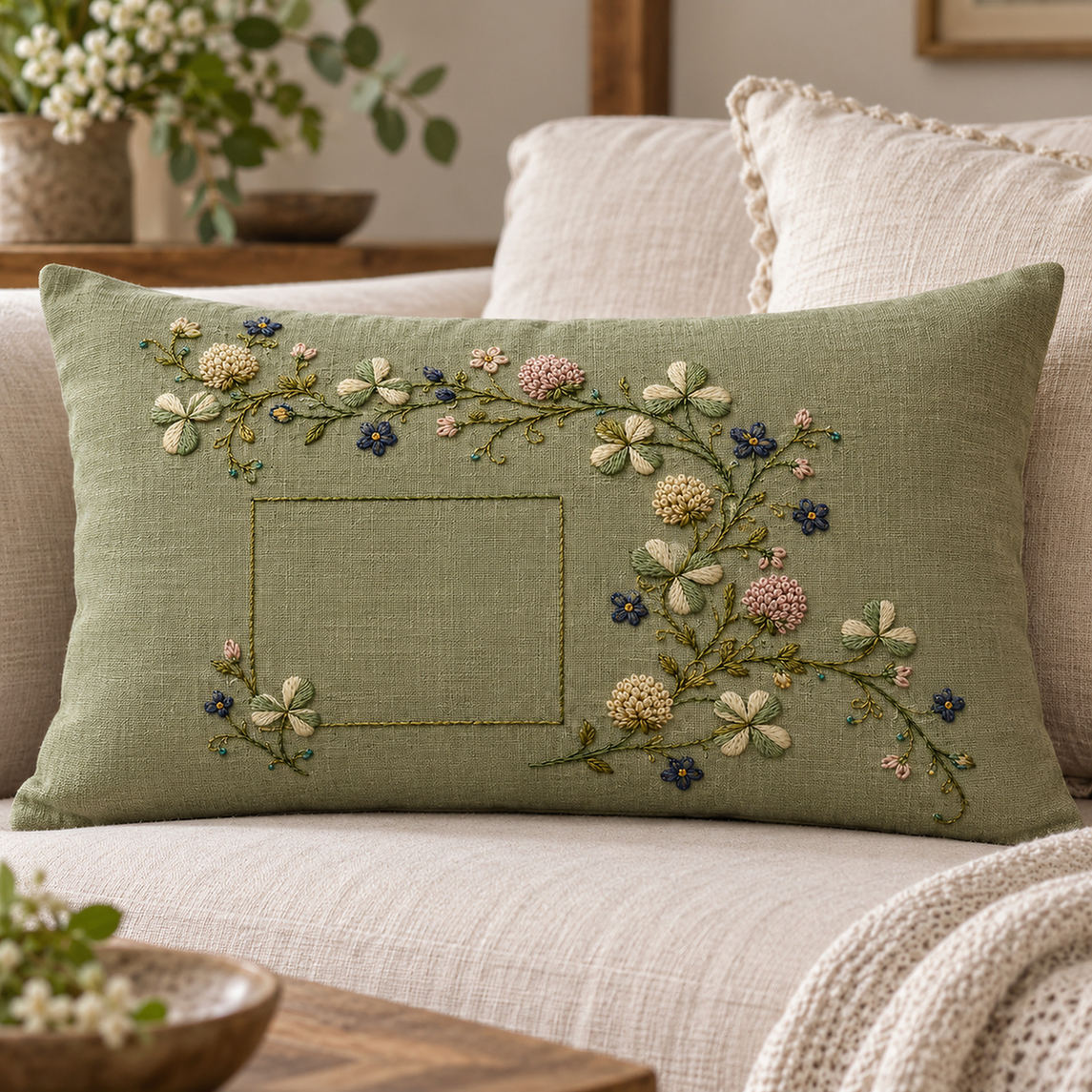 Green linen cushion mockup featuring the Clover Ribbon Garland hand embroidery design. Clover, field blossoms and tendrils follow an S-shaped curve around a lower-left square.