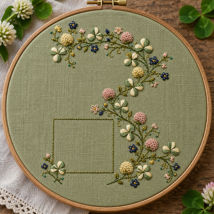 Embroidery hoop mockup featuring the Clover Ribbon Garland hand embroidery design. Clover, field blossoms and tendrils follow an S-shaped curve around a lower-left square.