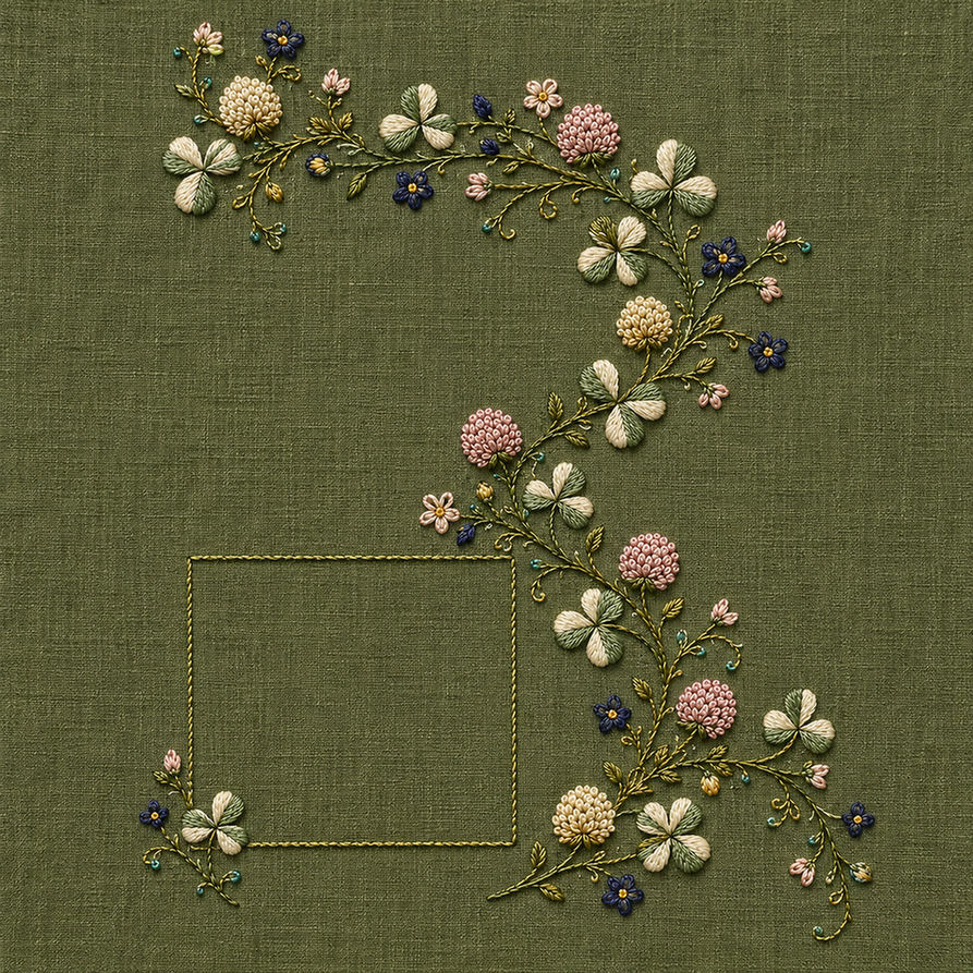 Close view of the clover garland mockup featuring the Clover Ribbon Garland hand embroidery design. Clover, field blossoms and tendrils follow an S-shaped curve around a lower-left square.
