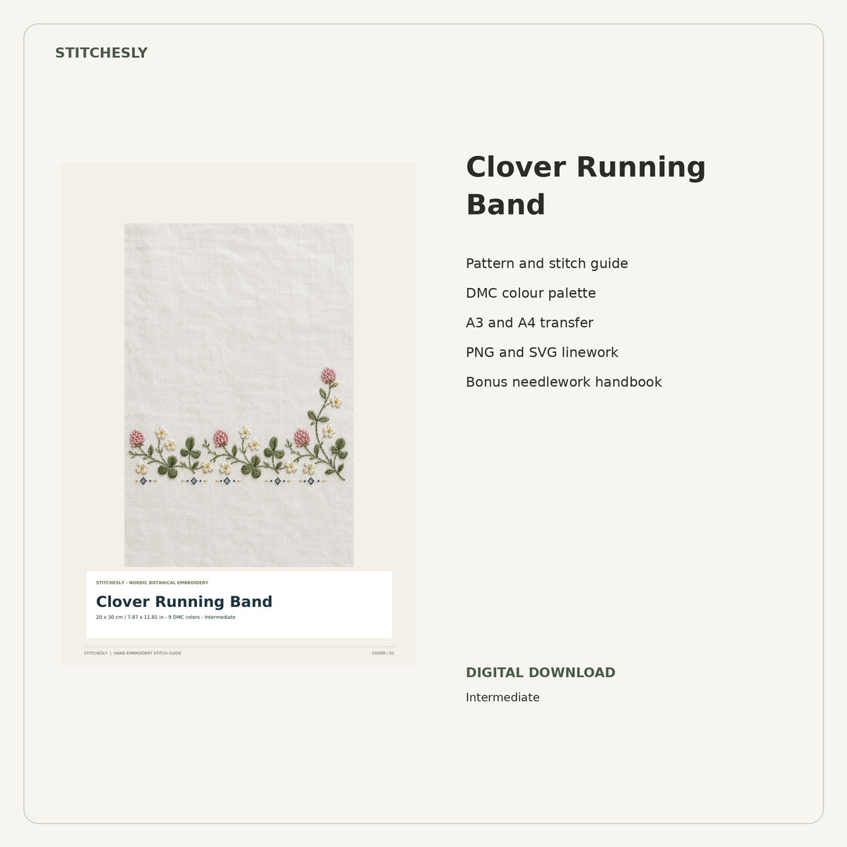 Clover Running Band PDF stitch guide cover, pattern files and bonus needlework handbook.