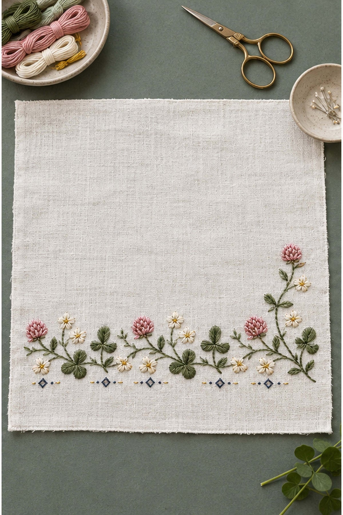 Floral textile flat lay mockup featuring the Clover Running Band hand embroidery design. Clover and daisies form a low horizontal band on white linen, ending with a taller right-hand stem.