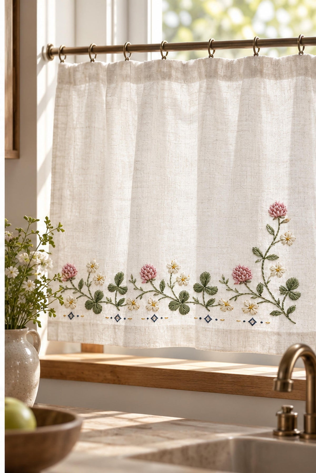Hanging floral border mockup featuring the Clover Running Band hand embroidery design. Clover and daisies form a low horizontal band on white linen, ending with a taller right-hand stem.