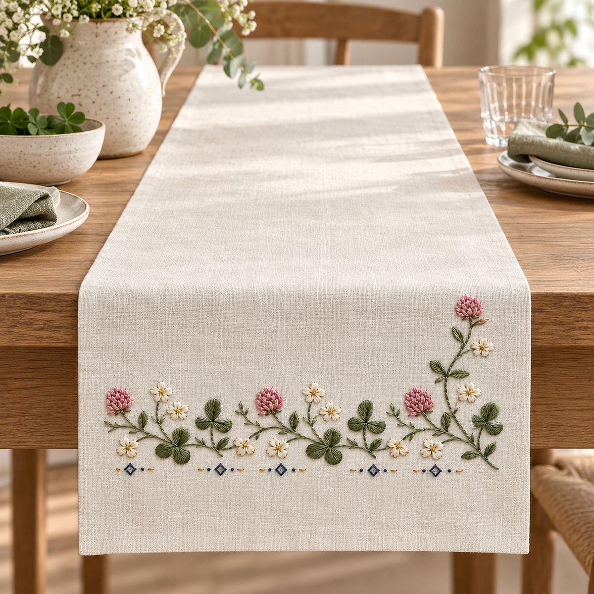 Linen table runner mockup featuring the Clover Running Band hand embroidery design. Clover and daisies form a low horizontal band on white linen, ending with a taller right-hand stem.