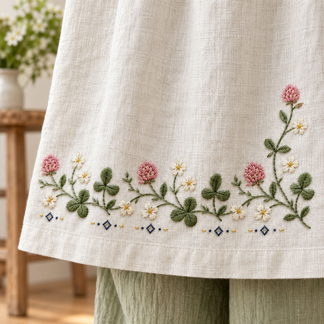 Linen garment hem mockup featuring the Clover Running Band hand embroidery design. Clover and daisies form a low horizontal band on white linen, ending with a taller right-hand stem.