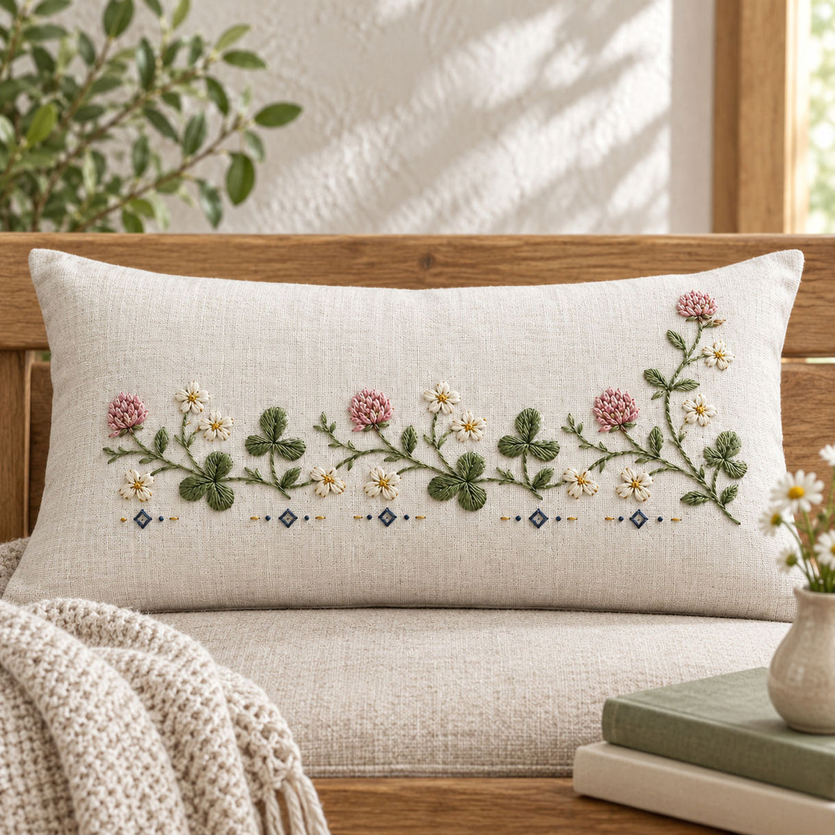 Long linen cushion mockup featuring the Clover Running Band hand embroidery design. Clover and daisies form a low horizontal band on white linen, ending with a taller right-hand stem.