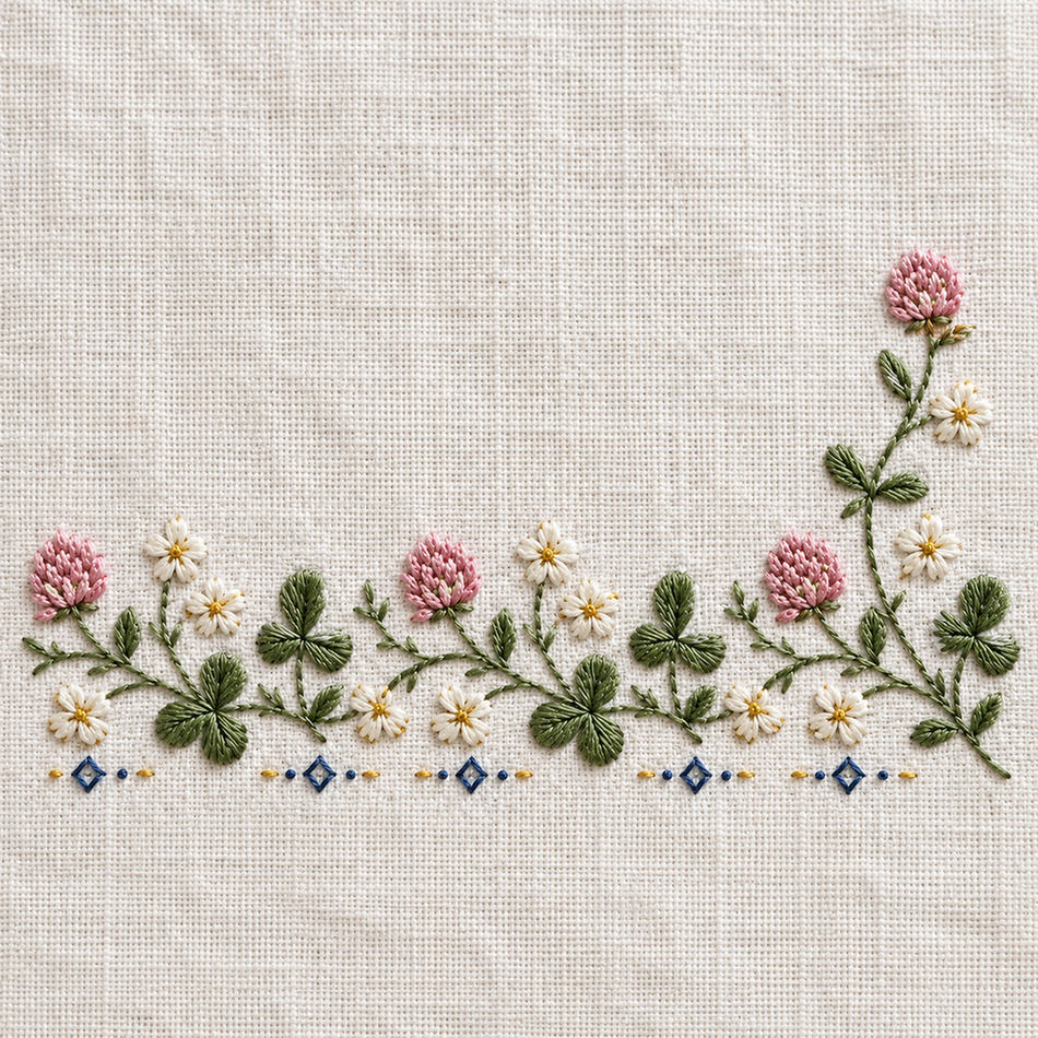 Close view of the clover border mockup featuring the Clover Running Band hand embroidery design. Clover and daisies form a low horizontal band on white linen, ending with a taller right-hand stem.