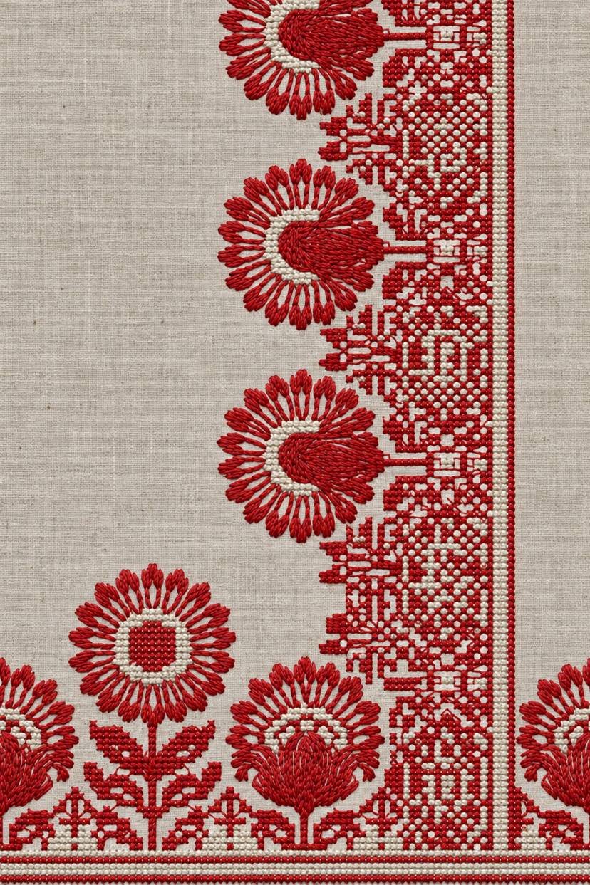 Fine cotton embroidery of crimson folk flower l corner border on linen, from Colbert Embroidery Studies Book 2.