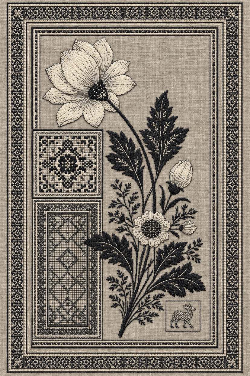 Fine cotton embroidery of floral spray and geometric border samplers on linen, from Colbert Embroidery Studies Book 2.