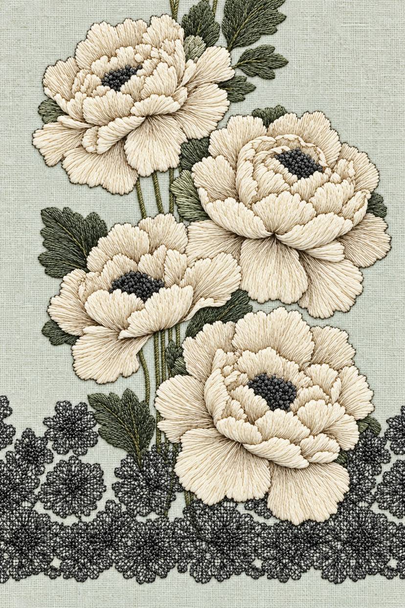 Fine cotton embroidery of four open poppies above floral lattice border on linen, from Colbert Embroidery Studies Book 2.