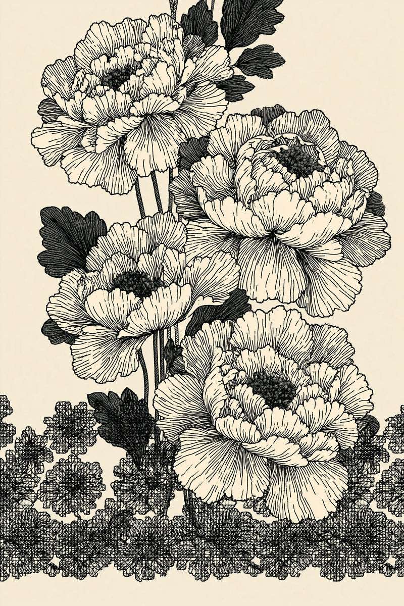 Original drawing of four open poppies above floral lattice border, from Colbert Embroidery Studies Book 2.