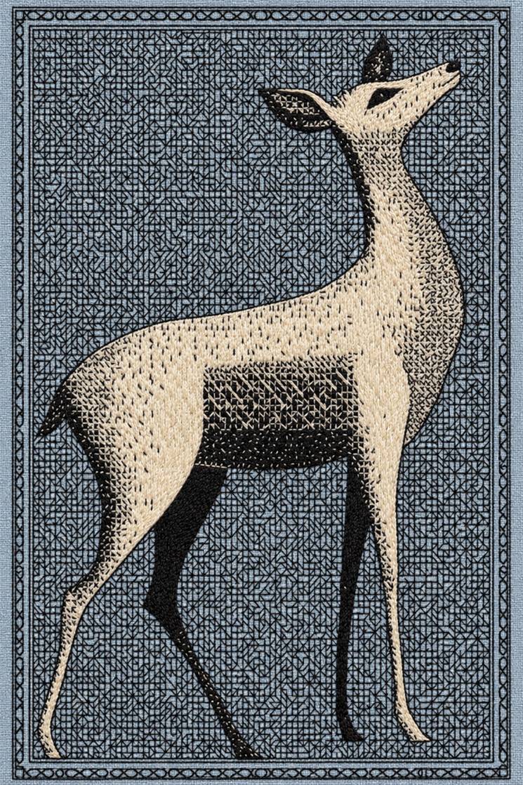 Fine cotton embroidery of ivory deer on geometric lattice on linen, from Colbert Embroidery Studies Book 2.