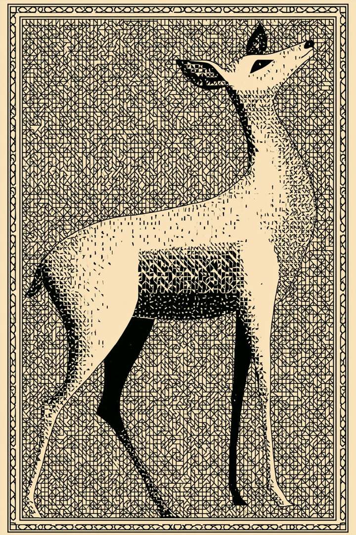 Original drawing of ivory deer on geometric lattice, from Colbert Embroidery Studies Book 2.