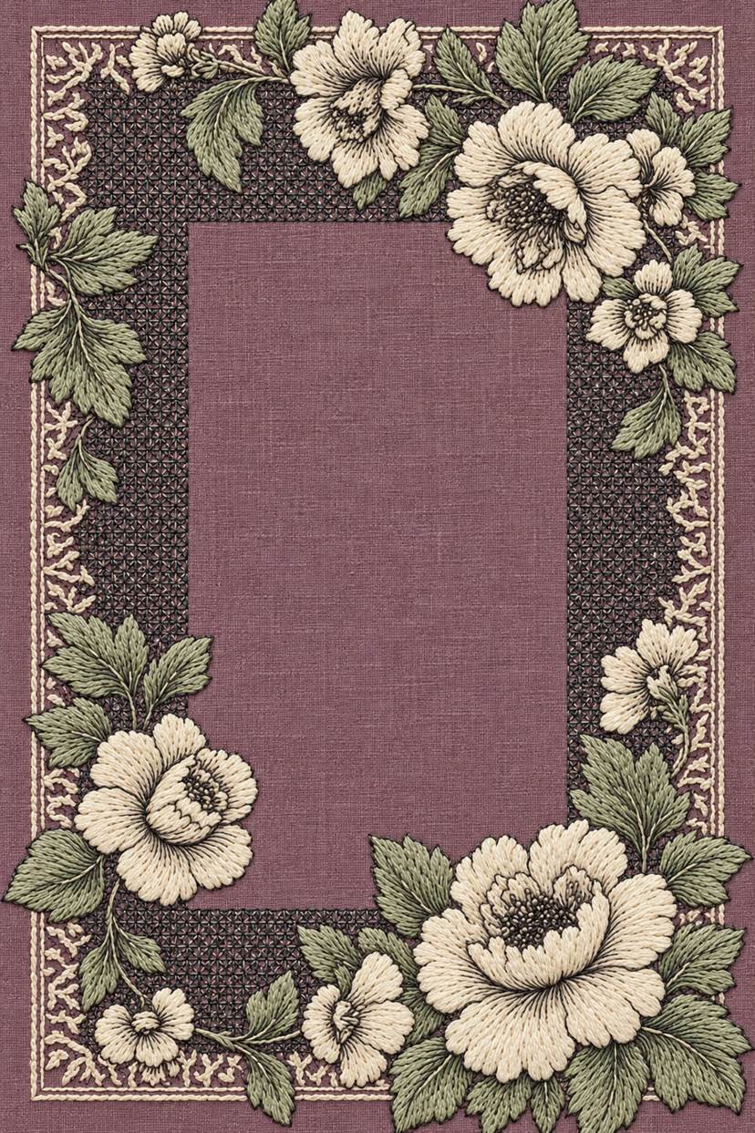 Fine cotton embroidery of ivory floral rectangular frame on linen, from Colbert Embroidery Studies Book 2.