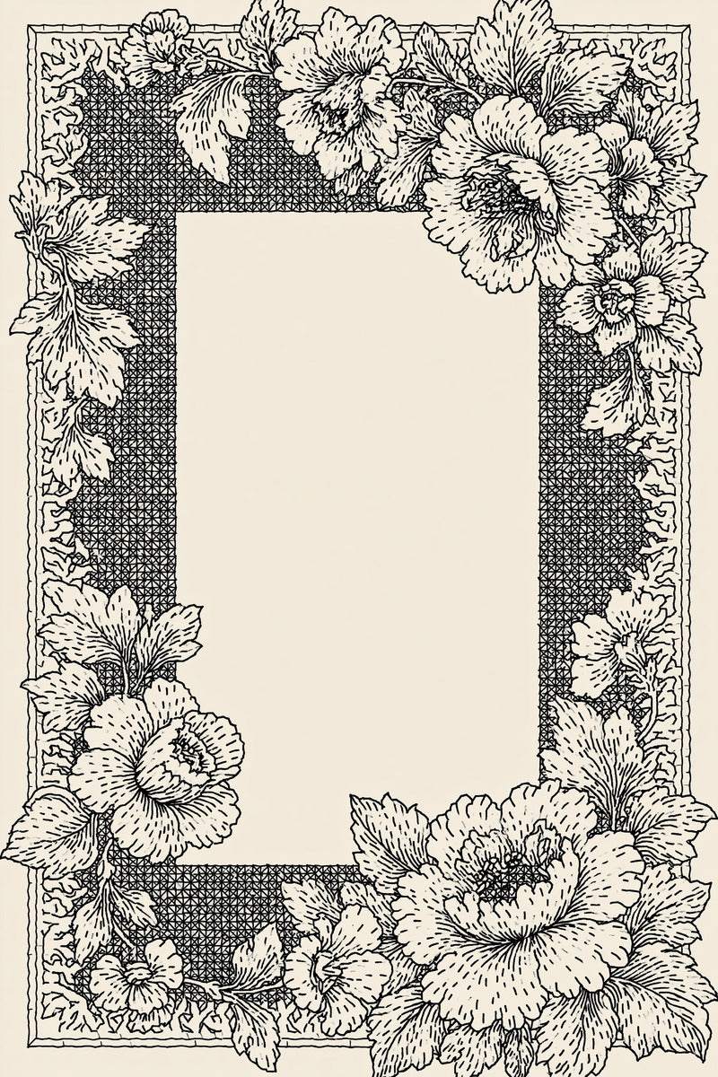 Original drawing of ivory floral rectangular frame, from Colbert Embroidery Studies Book 2.