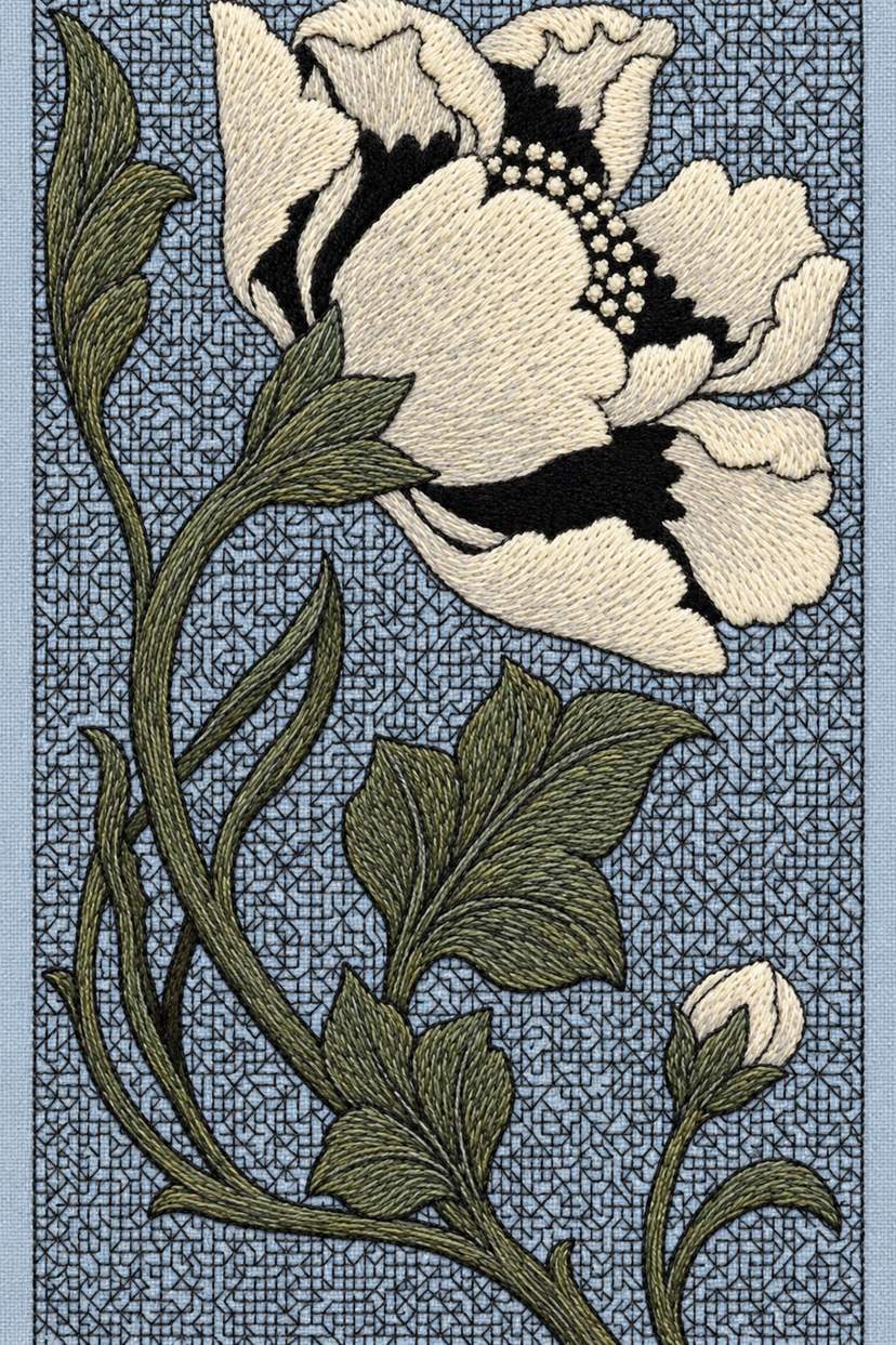 Fine cotton embroidery of large ivory poppy on maze lattice panel on linen, from Colbert Embroidery Studies Book 2.