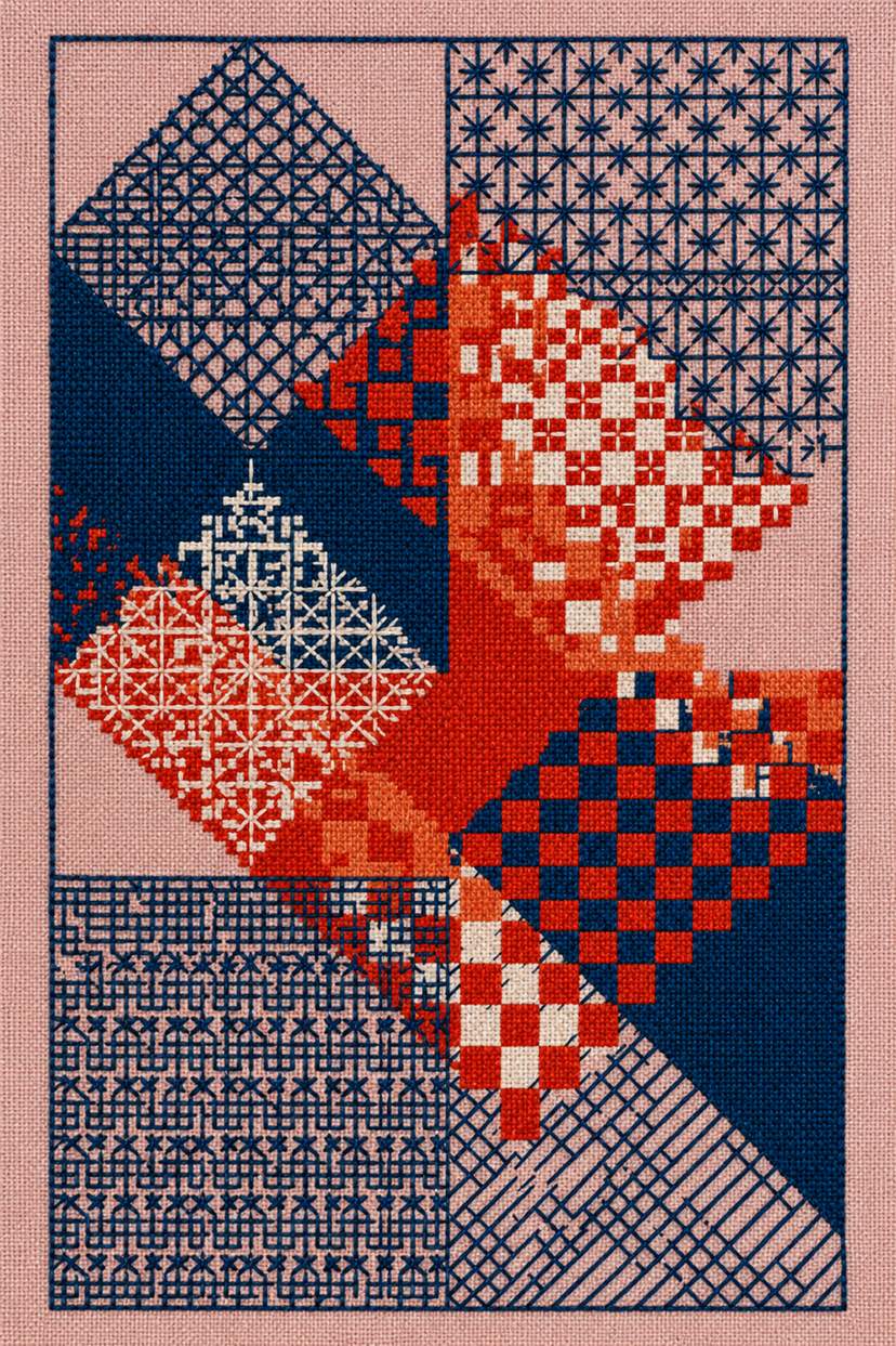 Fine cotton embroidery of orange and indigo overlapping diamond sampler on linen, from Colbert Embroidery Studies Book 2.