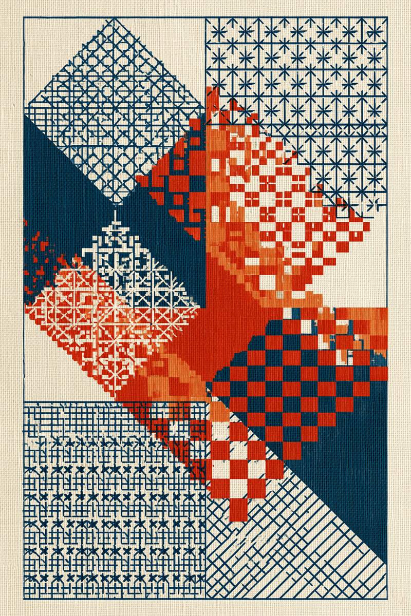 Original drawing of orange and indigo overlapping diamond sampler, from Colbert Embroidery Studies Book 2.