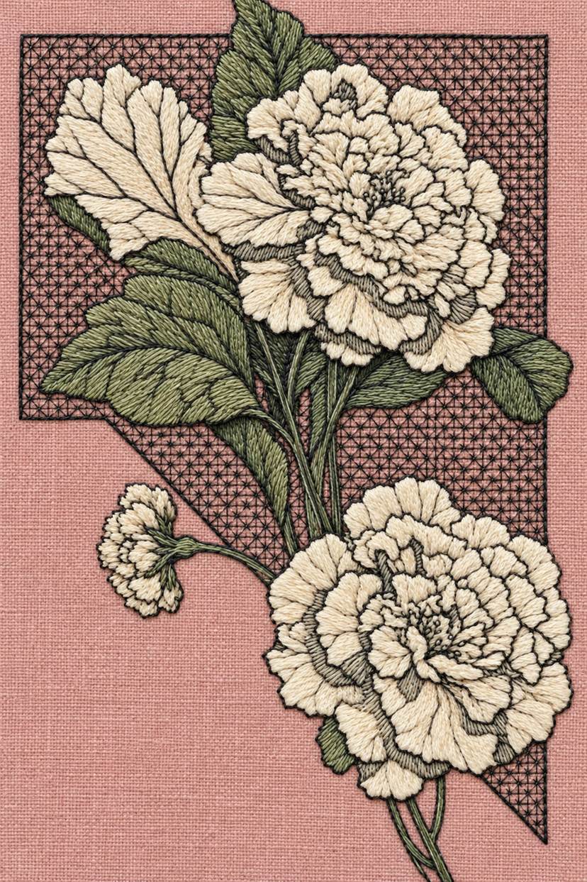 Fine cotton embroidery of paired ruffled flowers on angular star lattice on linen, from Colbert Embroidery Studies Book 2.