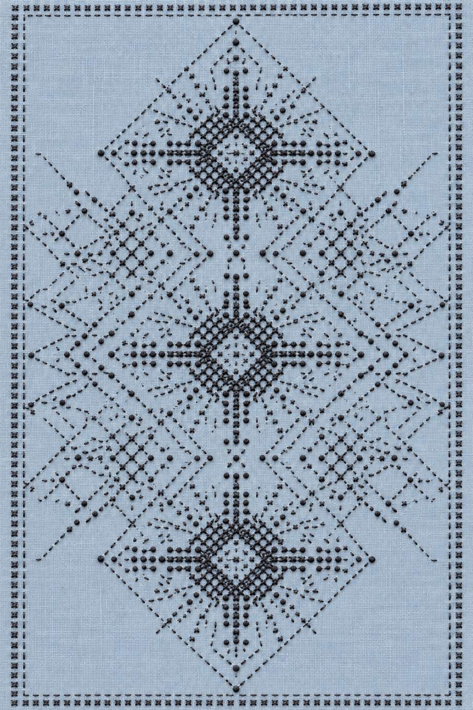 Fine cotton embroidery of three counted diamond star medallions on linen, from Colbert Embroidery Studies Book 2.