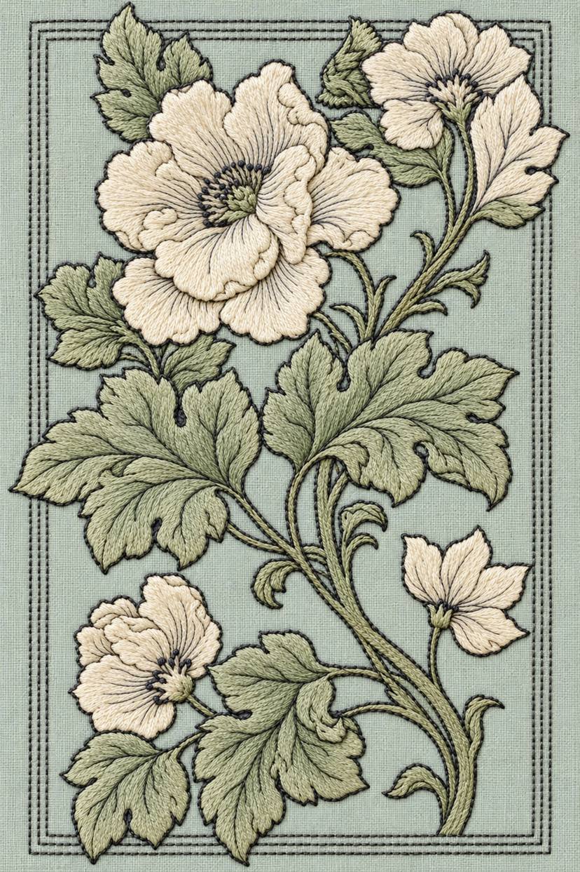 Fine cotton embroidery of three open poppies and serrated leaves on linen, from Colbert Embroidery Studies Book 2.