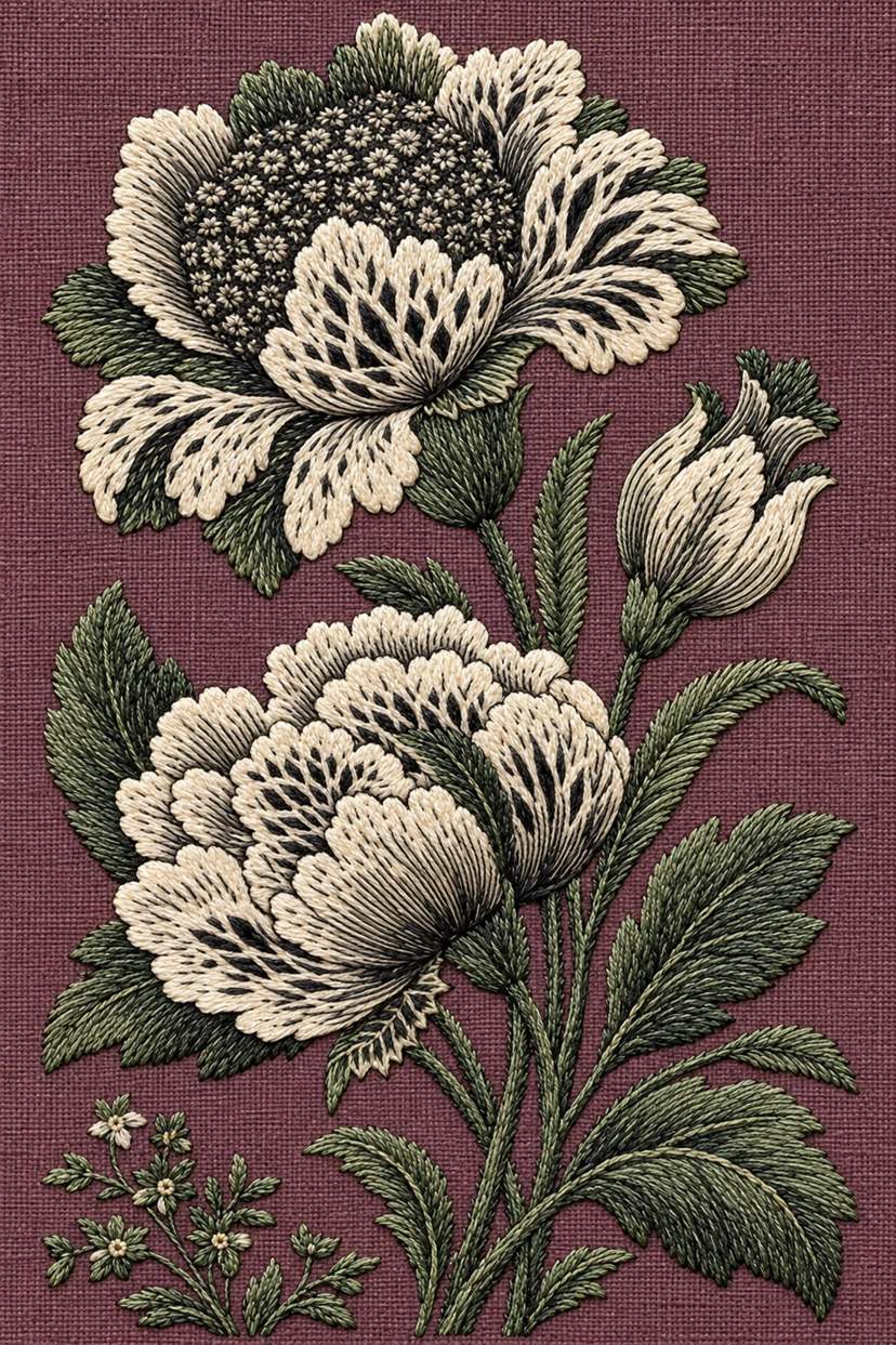 Fine cotton embroidery of two large peonies and tulip bud on linen, from Colbert Embroidery Studies Book 2.