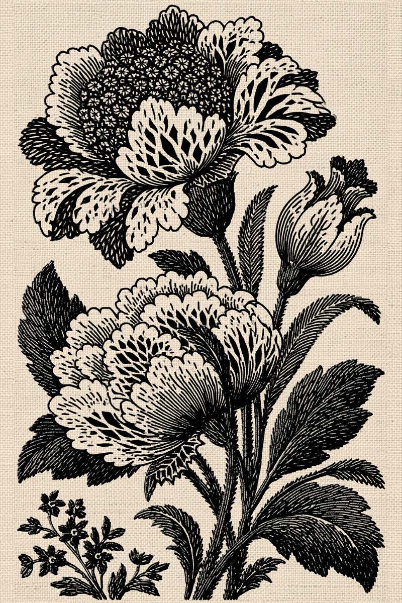 Original drawing of two large peonies and tulip bud, from Colbert Embroidery Studies Book 2.