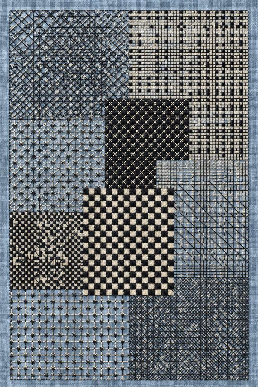Fine cotton embroidery of charcoal counted fill patchwork sampler on linen, from Colbert Embroidery Studies Book Three.