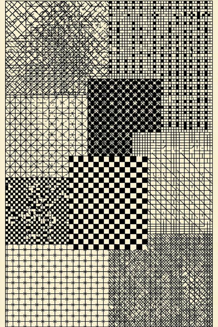 Original drawing of charcoal counted fill patchwork sampler, from Colbert Embroidery Studies Book Three.
