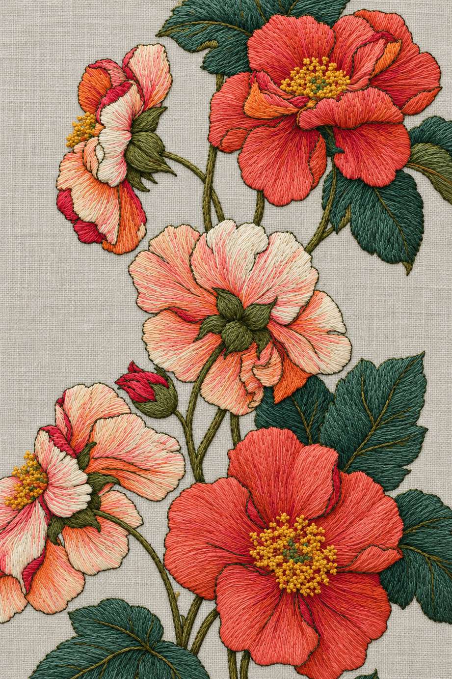 Fine cotton embroidery of coral and ivory wild rose branch on linen, from Colbert Embroidery Studies Book Three.