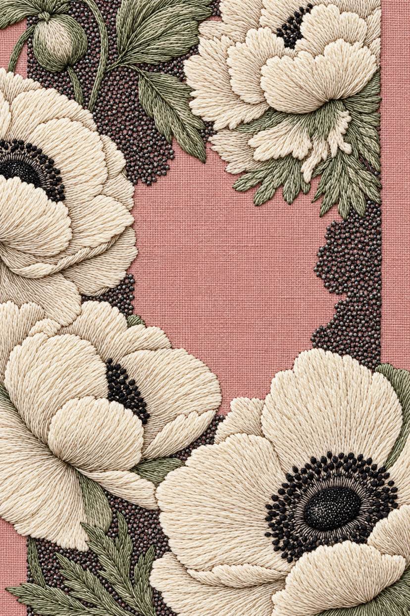 Fine cotton embroidery of cropped ivory poppy floral frame on linen, from Colbert Embroidery Studies Book Three.